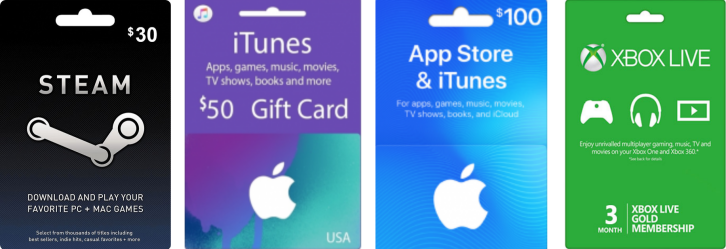 Apple, Steam, Xbox vouchers